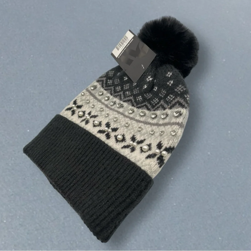Nine West Fair Isle Faux Fur Trim Beanie Grey with Jewels RHINESTONES Knit Hat
